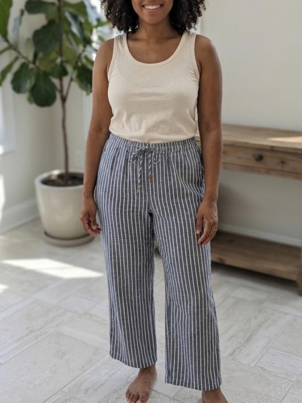 Rachel Zoe Blue & White Striped Linen Blend Wide Leg Pants Size 12 Coastal Boho